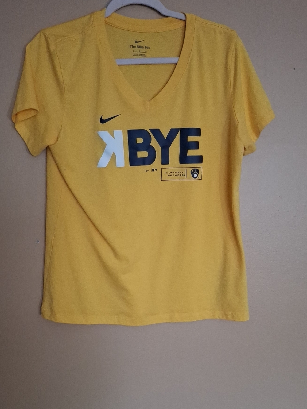 Nike Yellow V‑Neck 'KBYE' Graphic Tee Women Lg